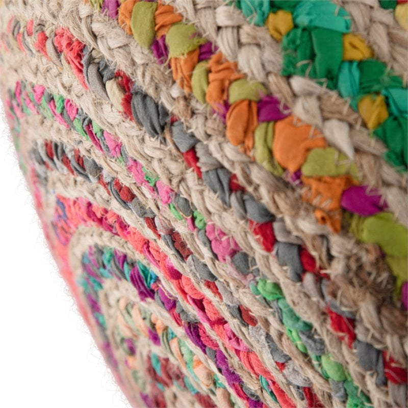 Margo Boho Round Pouf in Multi-Color Braided Jute and Cotton