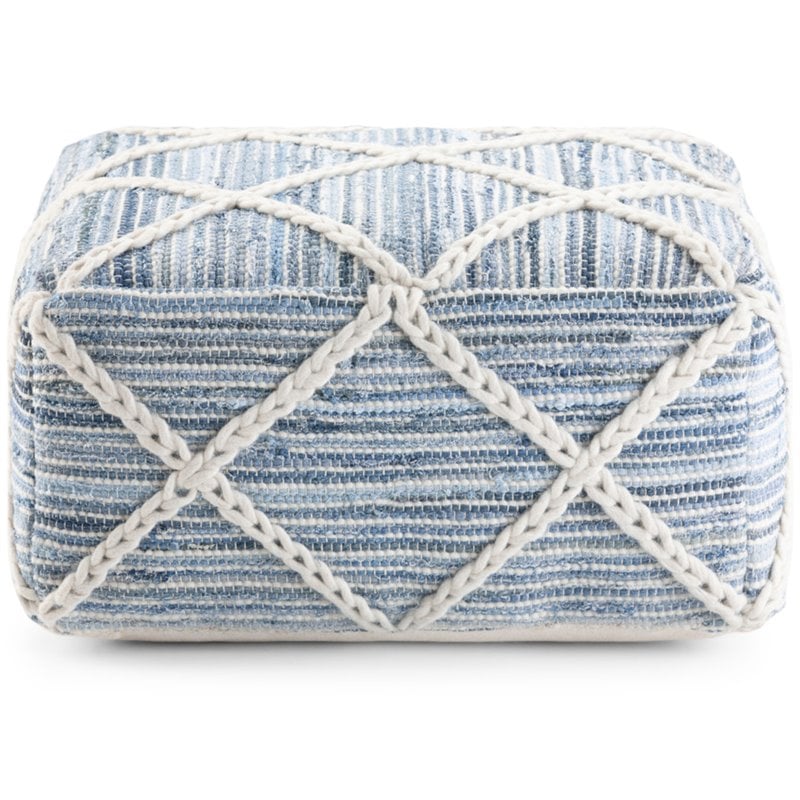 Simpli Home Cowan Boho Square Pouf in Blue and Natural Handloom Woven