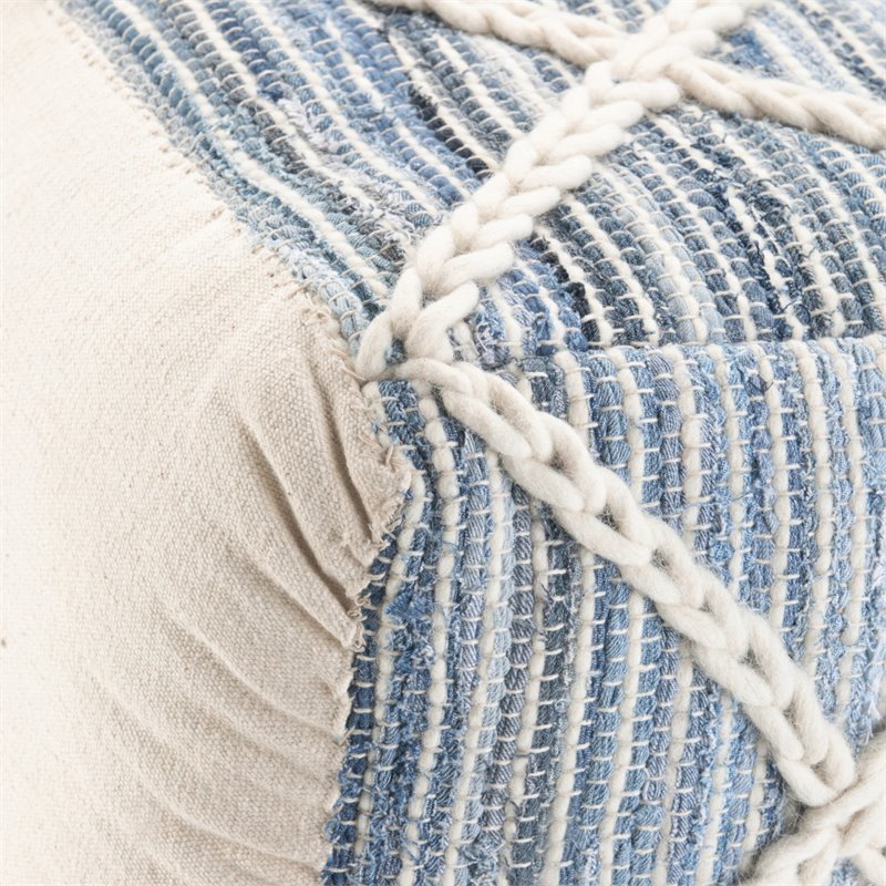 Simpli Home Cowan Boho Square Pouf in Blue and Natural Handloom Woven