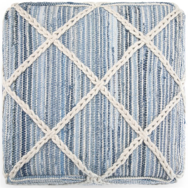 Simpli Home Cowan Boho Square Pouf in Blue and Natural Handloom Woven