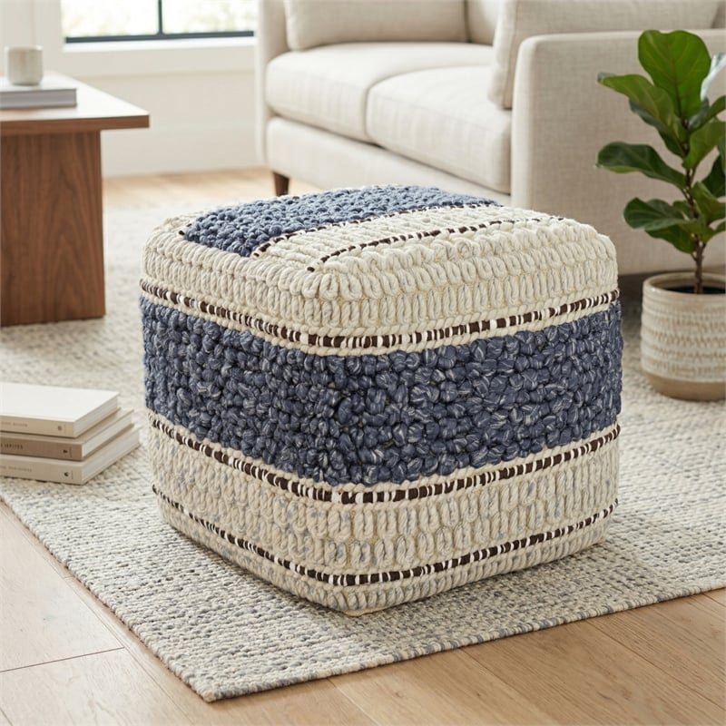 Simpli Home Grady Boho Square Pouf in Blue and Natural Handloom Woven