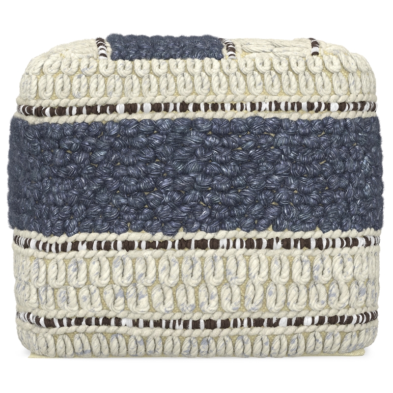 Simpli Home Grady Boho Square Pouf in Blue and Natural Handloom Woven