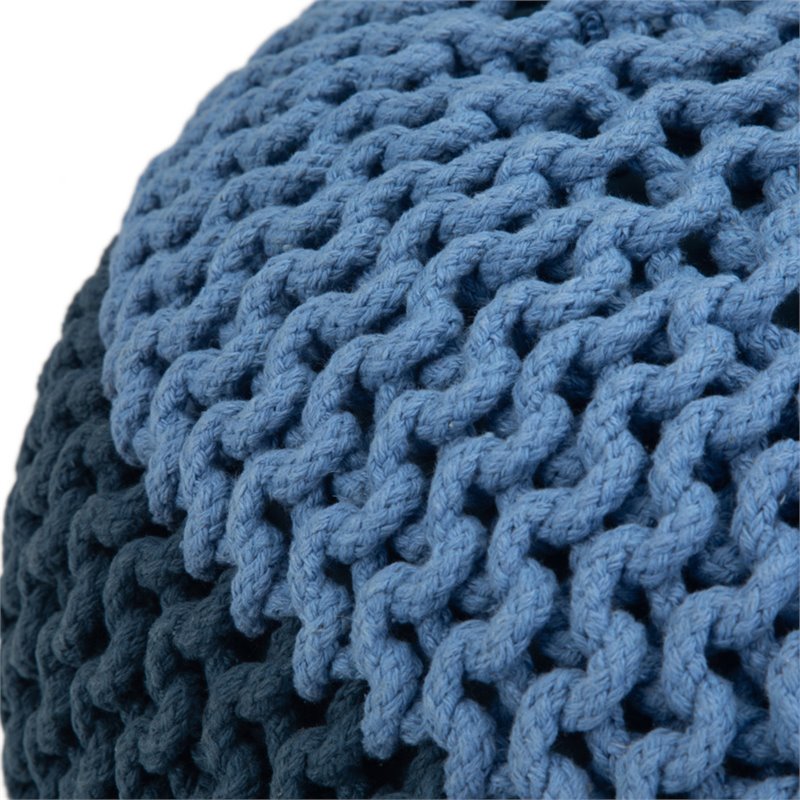 Simpli Home Nikki Boho Round Hand Knit Pouf in Blue and Navy Blue Cotton