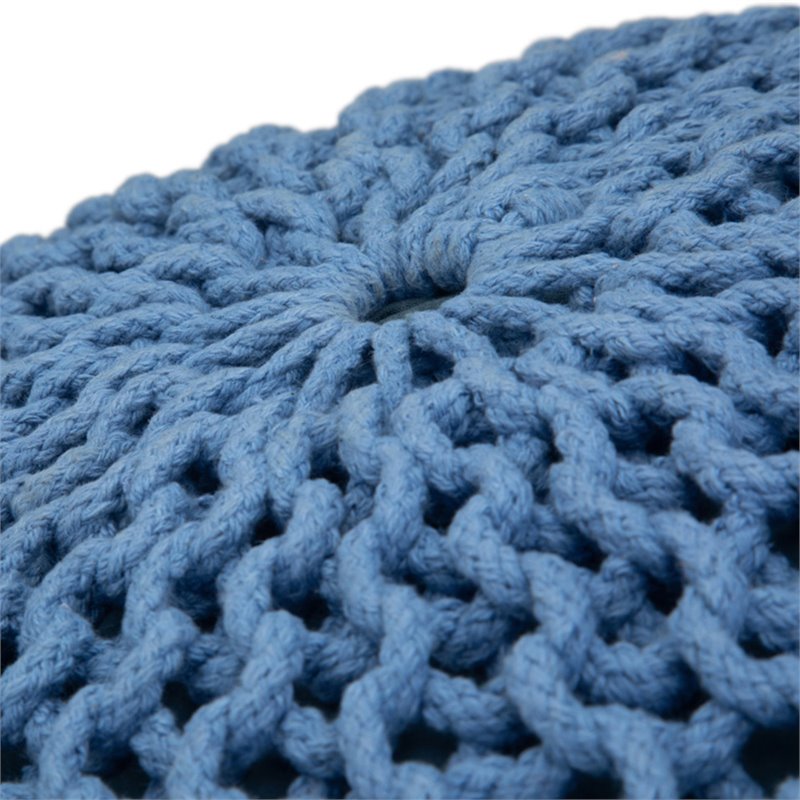 Simpli Home Nikki Boho Round Hand Knit Pouf in Blue and Navy Blue Cotton