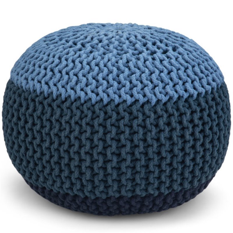 Simpli Home Nikki Boho Round Hand Knit Pouf in Blue and Navy Blue Cotton