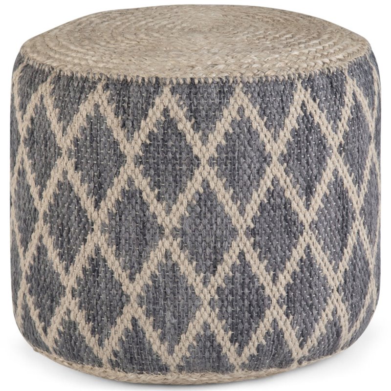 Simpli Home Edgeley Boho Round Pouf in Gray and Natural Woven Braided Jute