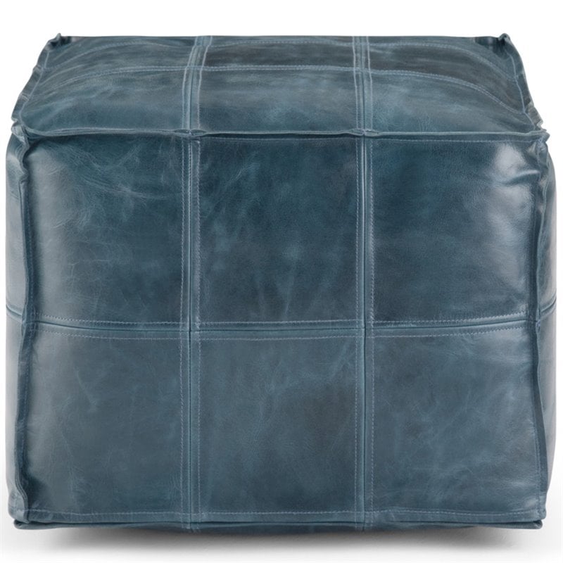 Simpli Home Manning Boho Square Pouf in Teal Genuine Leather