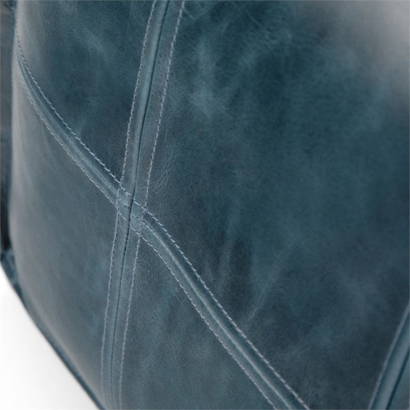 Simpli Home Manning Boho Square Pouf in Teal Genuine Leather