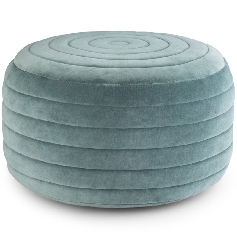 Simpli Home Vivienne Boho Round Pouf in Turquoise Velvet Fabric
