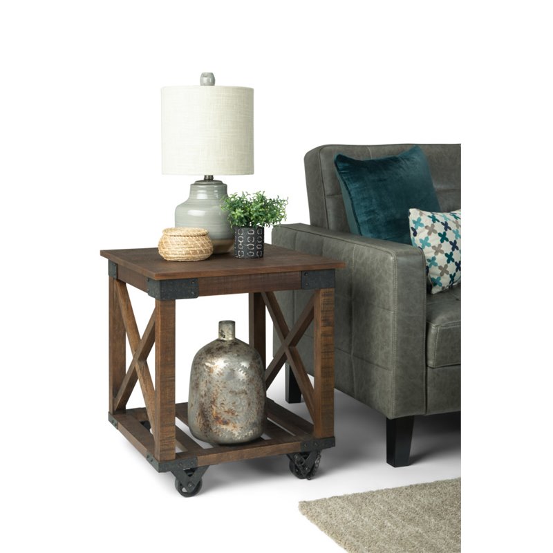 Simpli Home Harding Solid Mango Wood End Table in Distressed Dark Brown