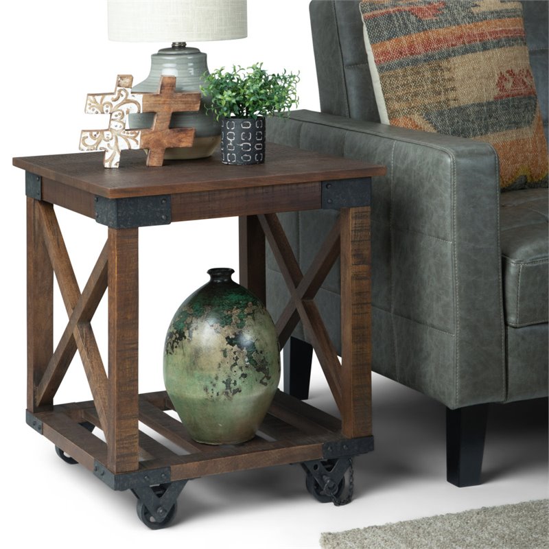 Simpli Home Harding Solid Mango Wood End Table in Distressed Dark Brown