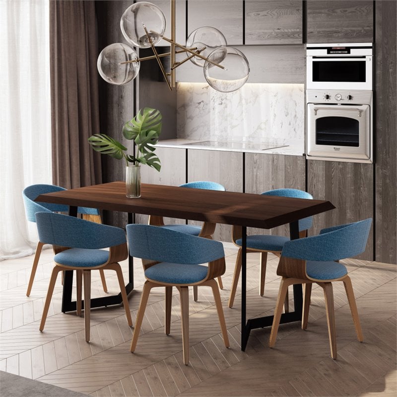 Simpli Home Lowell Modern Industrial 7 Pc Dining Set with 6 Upholstered Bentwood Dining Chairs in Blue