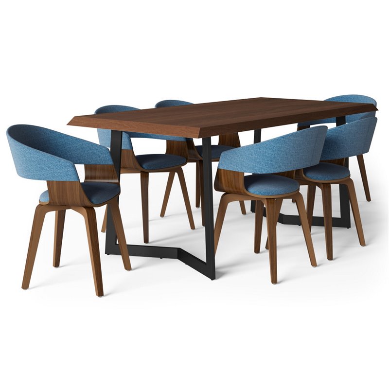 Simpli Home Lowell Modern Industrial 7 Pc Dining Set with 6 Upholstered Bentwood Dining Chairs in Blue