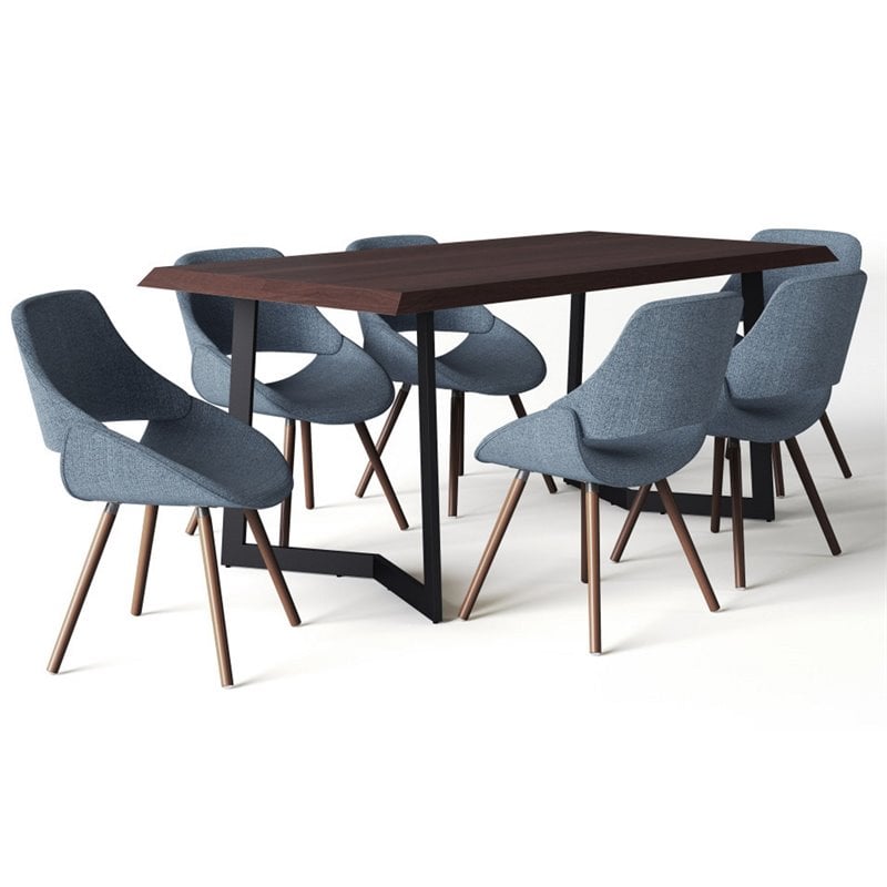 Simpli Home Malden Modern Industrial 7 Pc Dining Set with 6 Upholstered Bentwood Dining Chairs in Denim Blue