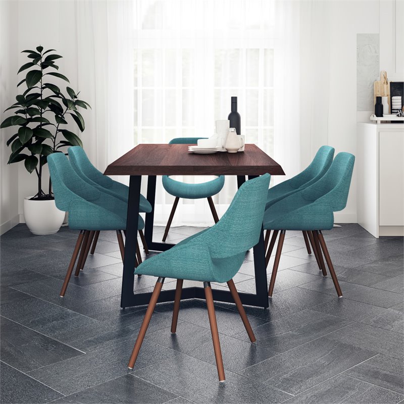 Simpli Home Malden Modern Industrial 7 Pc Dining Set with 6 Upholstered Bentwood Dining Chairs in Turquoise Blue