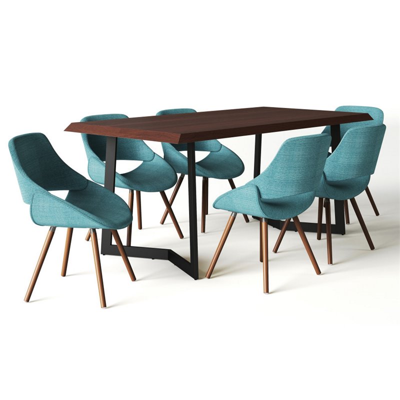 Simpli Home Malden Modern Industrial 7 Pc Dining Set with 6 Upholstered Bentwood Dining Chairs in Turquoise Blue