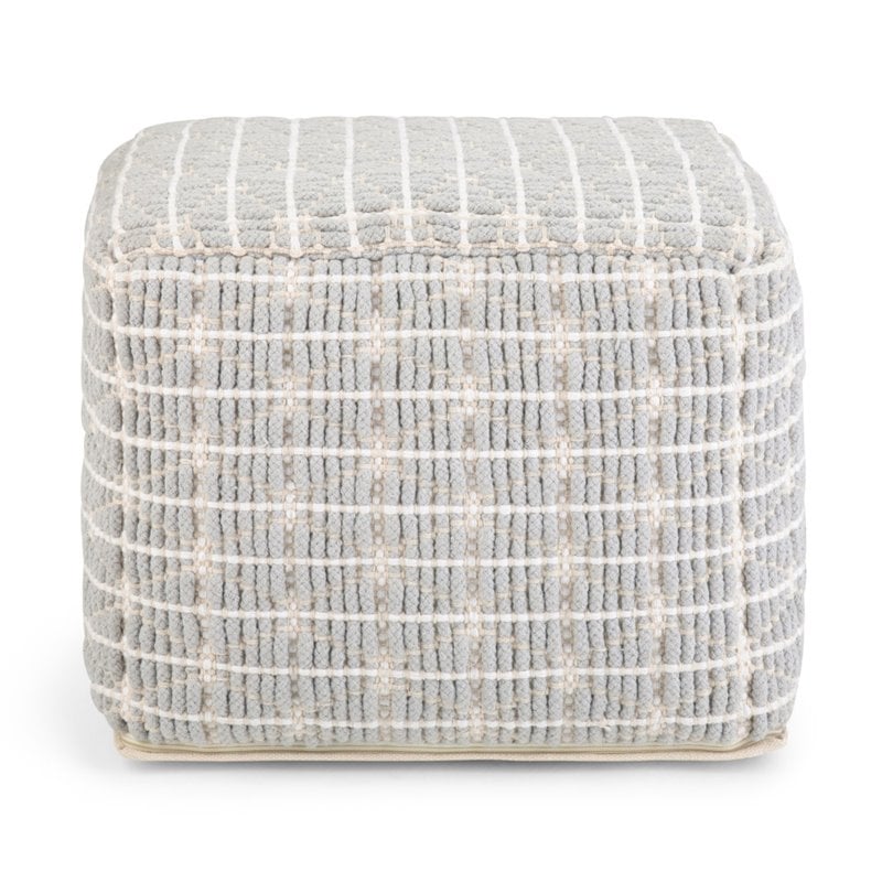 Simpli Home Noreen Boho Square Pouf in Light Blue and White Handloom Woven Pattern