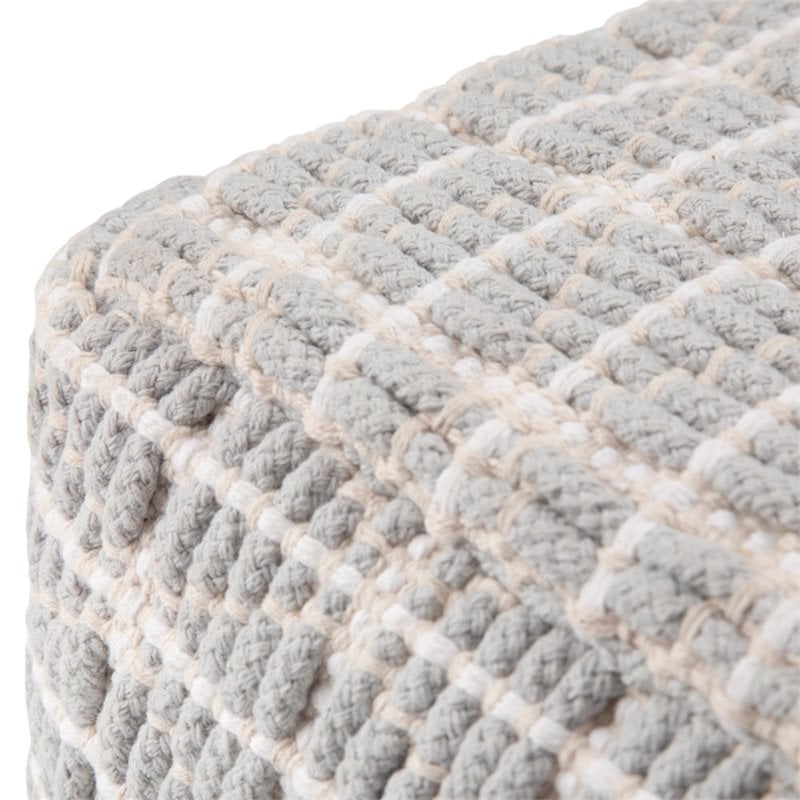 Simpli Home Noreen Boho Square Pouf in Light Blue and White Handloom Woven Pattern