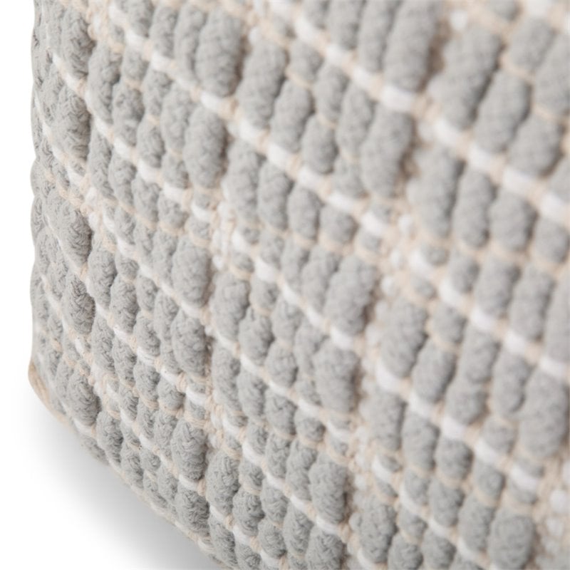 Simpli Home Noreen Boho Square Pouf in Light Blue and White Handloom Woven Pattern