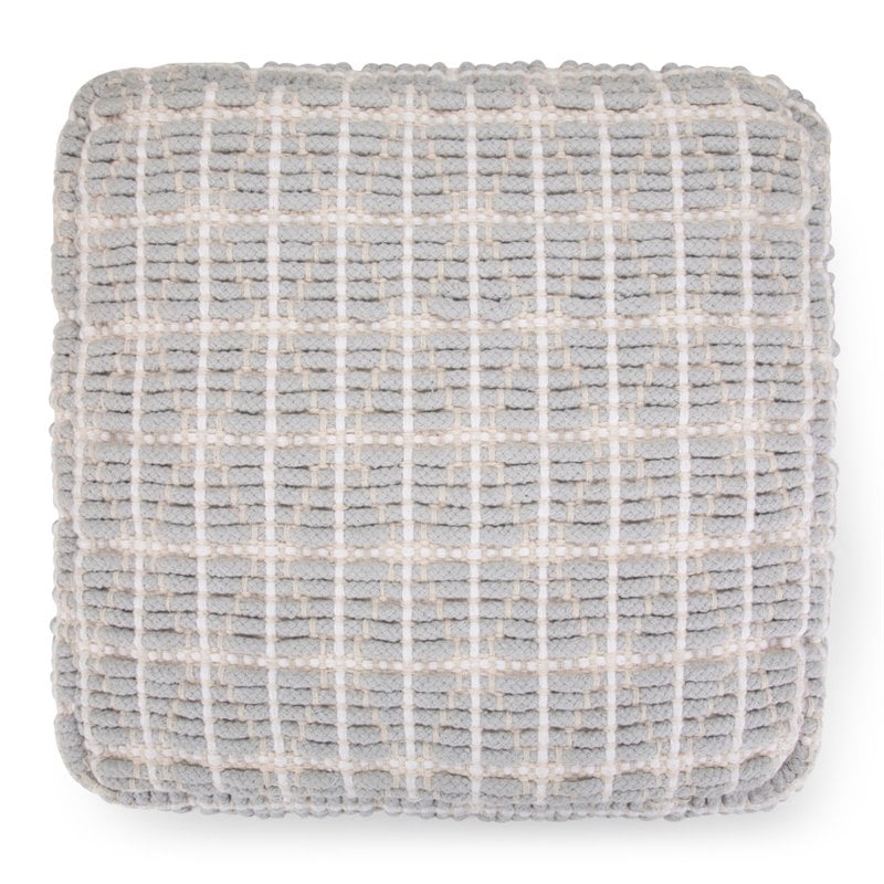 Simpli Home Noreen Boho Square Pouf in Light Blue and White Handloom Woven Pattern