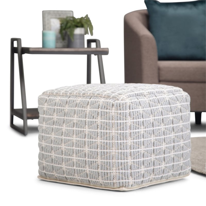 Simpli Home Noreen Boho Square Pouf in Light Blue and White Handloom Woven Pattern