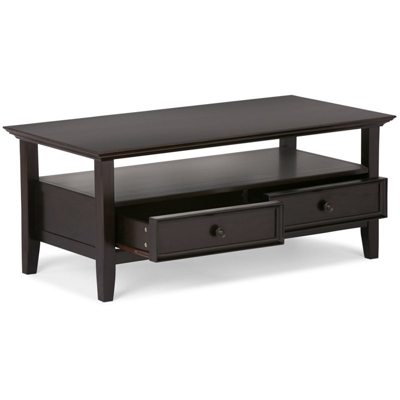 Simpli Home Amherst Solid Wood Coffee Table with Drawers in Hickory Brown