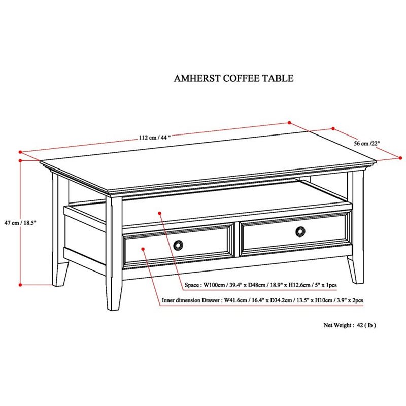 Simpli Home Amherst Solid Wood Coffee Table with Drawers in Hickory Brown