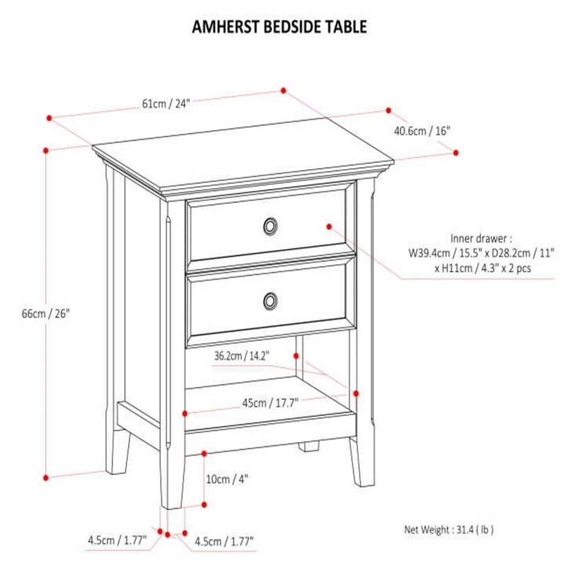 Amherst 24 inch Wide Solid Wood Transitional Bedside Table in Hickory Brown