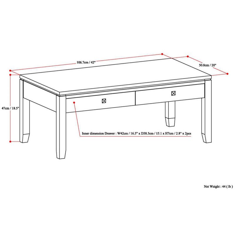 Simpli Home Cosmopolitan Solid Wood Coffee Table with Drawers in Mahogany Brown