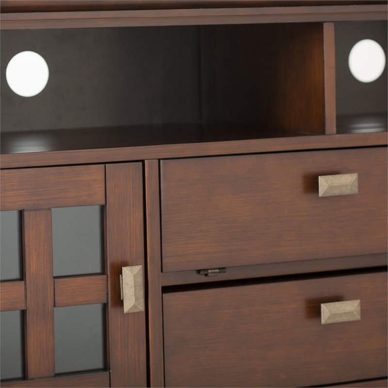 Simpli Home Artisan Wood TV Media Stand in Russet Brown For TVs up to 80