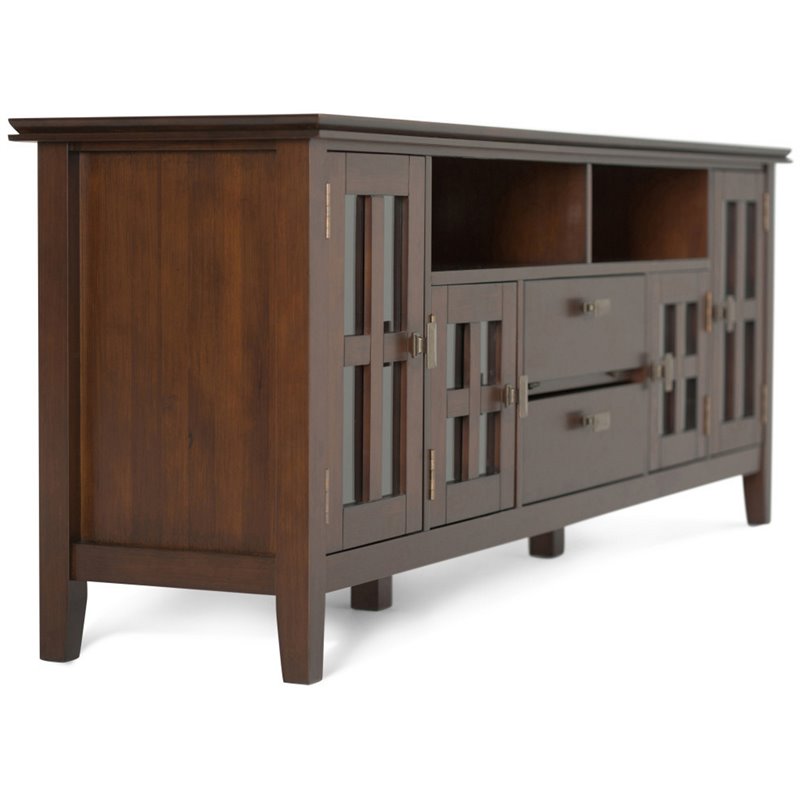 Simpli Home Artisan Wood TV Media Stand in Russet Brown For TVs up to 80