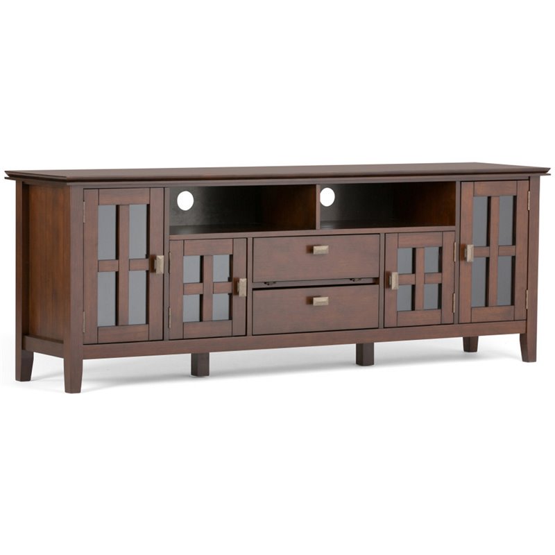 Simpli Home Artisan Wood TV Media Stand in Russet Brown For TVs up to 80