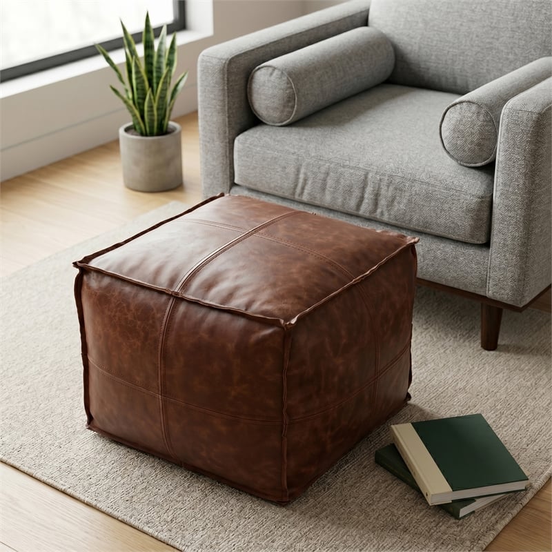Simpli Home Sheffield Boho Square Pouf in Brown Genuine Leather