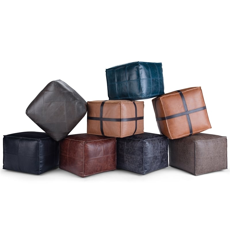 Simpli Home Sheffield Boho Square Pouf in Brown Genuine Leather