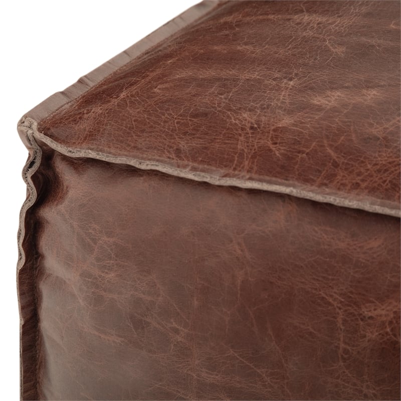 Simpli Home Sheffield Boho Square Pouf in Brown Genuine Leather