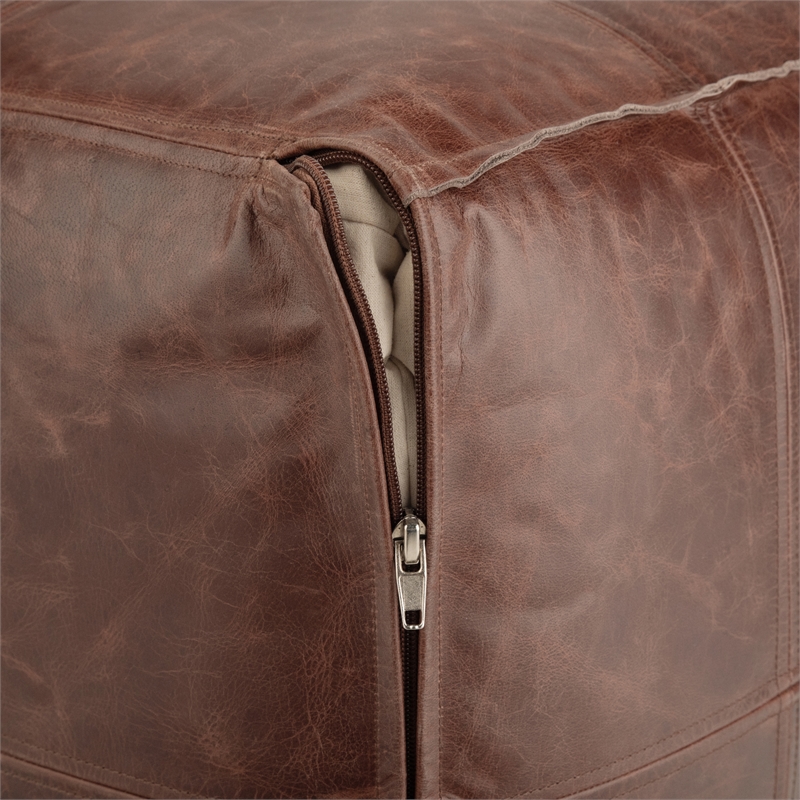 Simpli Home Sheffield Boho Square Pouf in Brown Genuine Leather