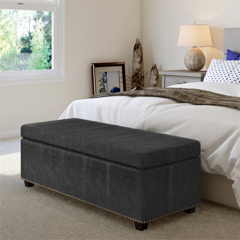 Simpli Home Kingsley Faux Leather, Black Leather Storage Bench For Bedroom