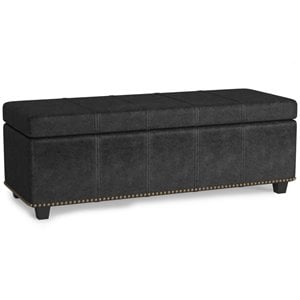 simpli home kingsley faux leather bedroom bench with storage in distressed black