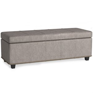 simpli home kingsley faux leather bedroom bench with storage in distressed gray