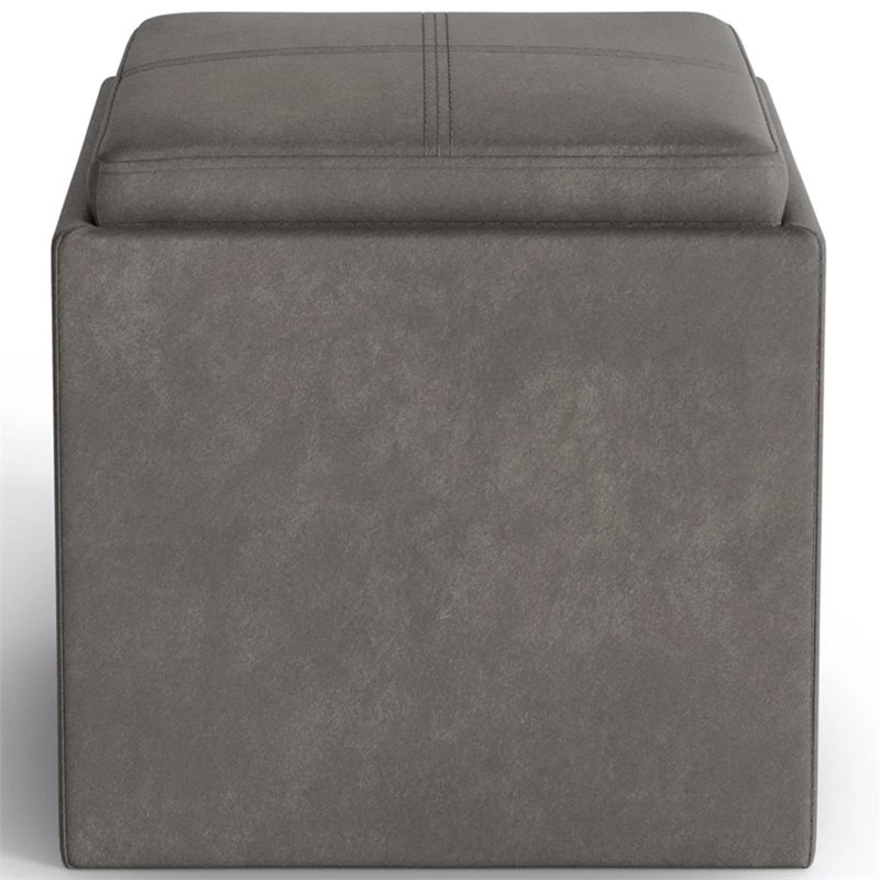 Simpli Home Rockwood Square Faux Leather Storage Ottoman With Tray in Slate Gray
