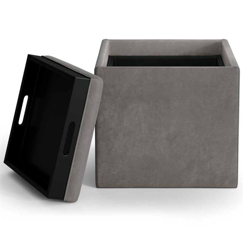 Simpli Home Rockwood Square Faux Leather Storage Ottoman With Tray in Slate Gray