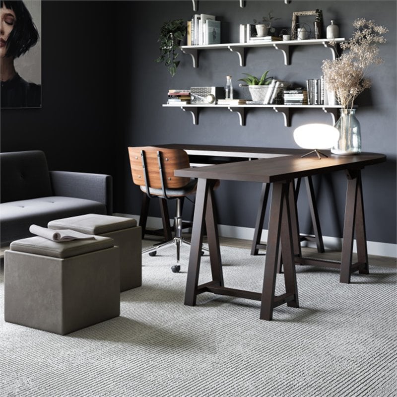 Simpli Home Rockwood Square Faux Leather Storage Ottoman With Tray in Slate Gray