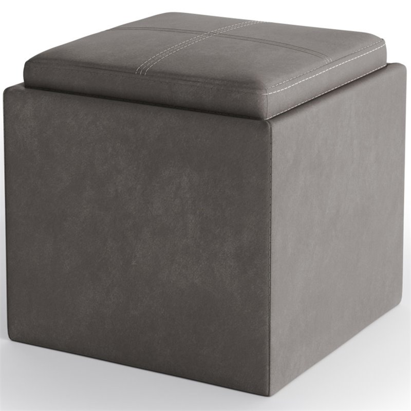Simpli Home Rockwood Square Faux, Leather Storage Ottoman With Tray