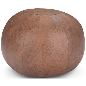 simpli home drury boho round pouf in brown patterened genuine leather