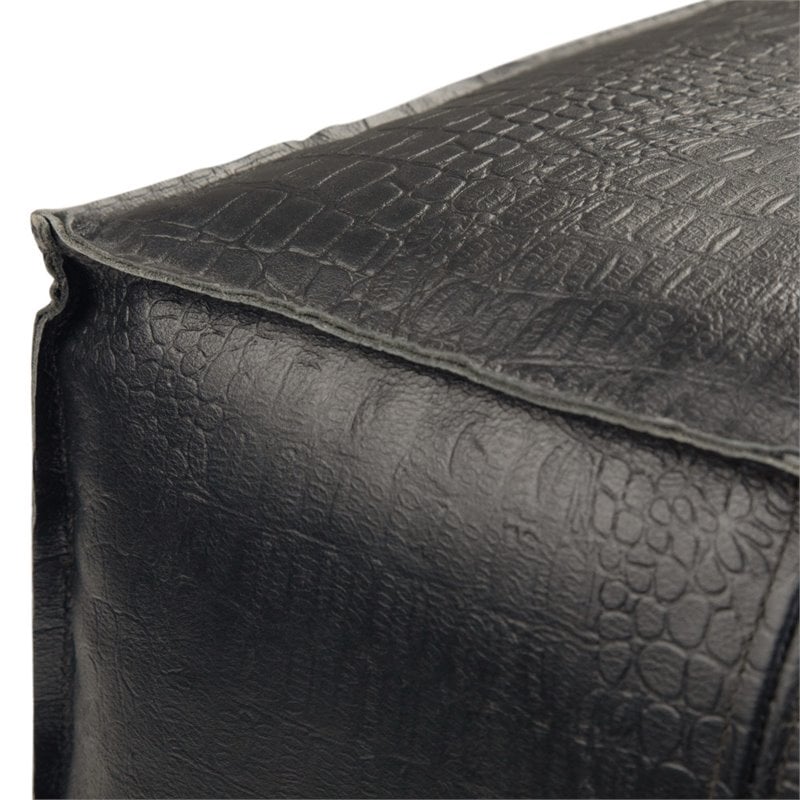 Simpli Home Bowen Boho Square Pouf in Black Genuine Leather