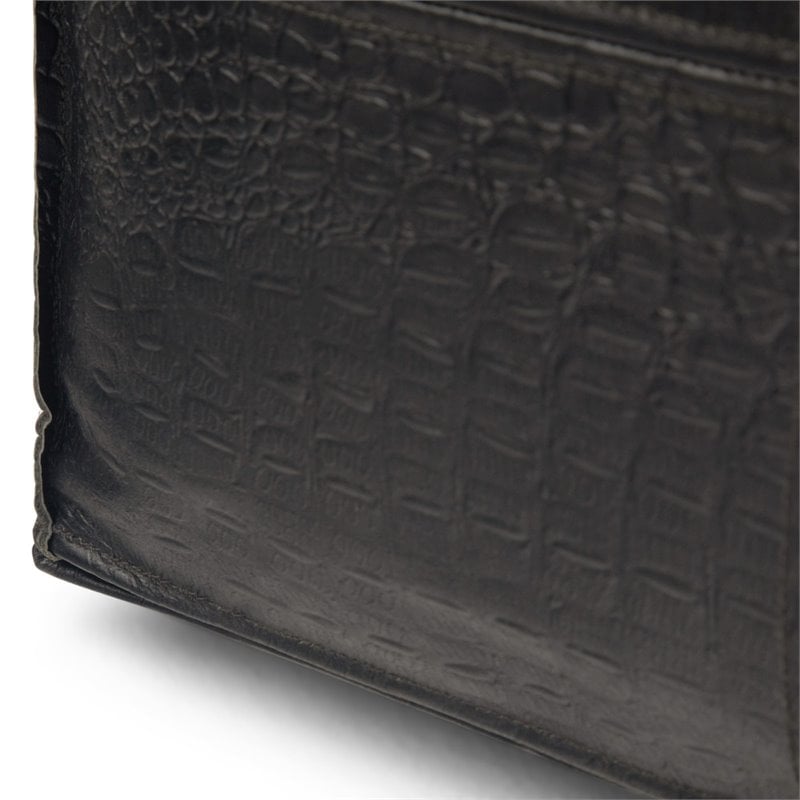 Simpli Home Bowen Boho Square Pouf in Black Genuine Leather