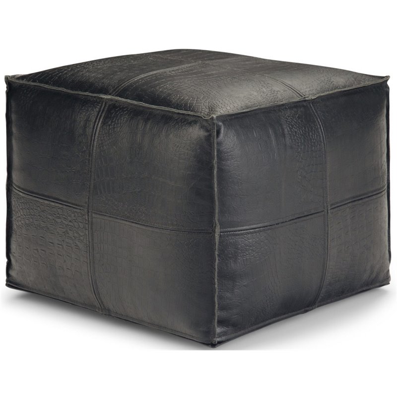 Simpli Home Bowen Boho Square Pouf in Black Genuine Leather