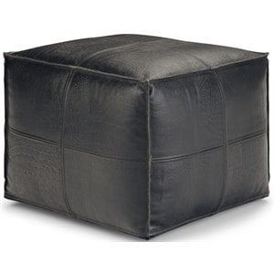 simpli home bowen boho square pouf in black genuine leather