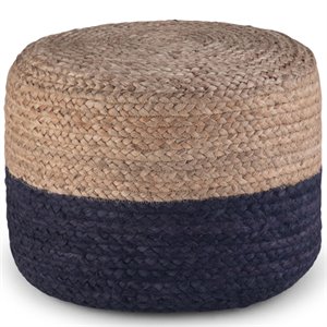 Simpli Home Lydia Boho Round Pouf in Navy and Natural Braided Jute