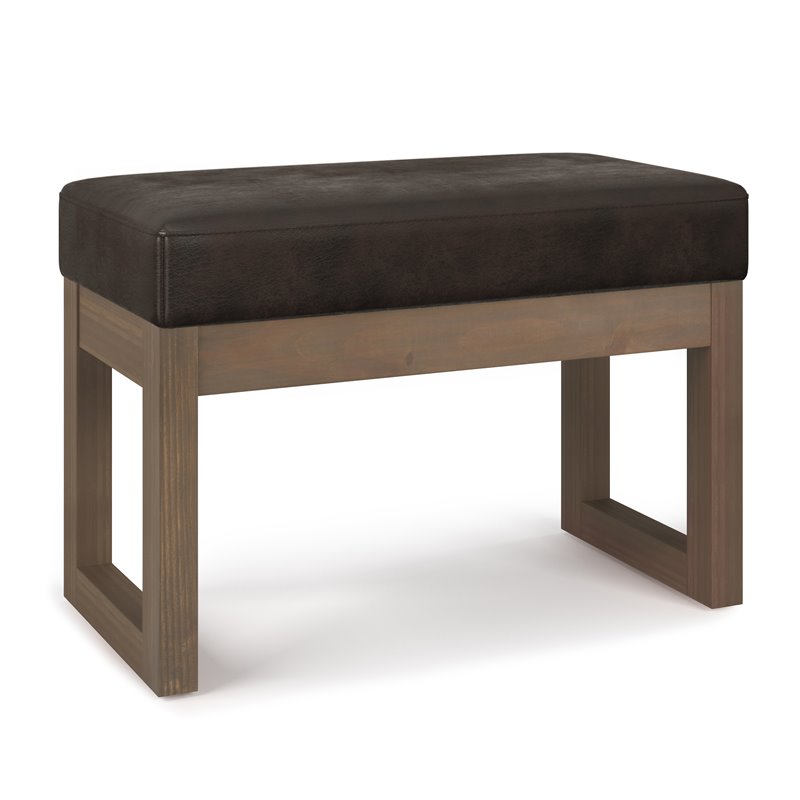 Simpli Home Milltown Faux Leather Footstool Small Ottoman Bench In Distressed Brown, Leather Entry Bench